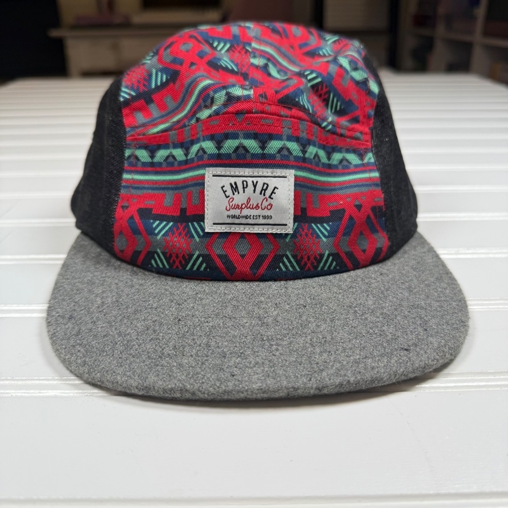 Empyre Surplus Co 5 Panel Hat Geometric Tribal Red Black Denim Adjustable Cap